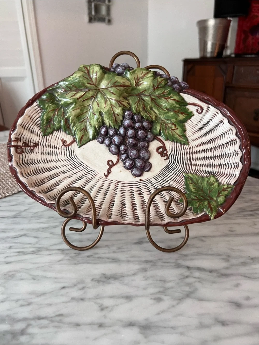 Vintage Arnel’s Decorative Grape Basket Pottery Serving Platter